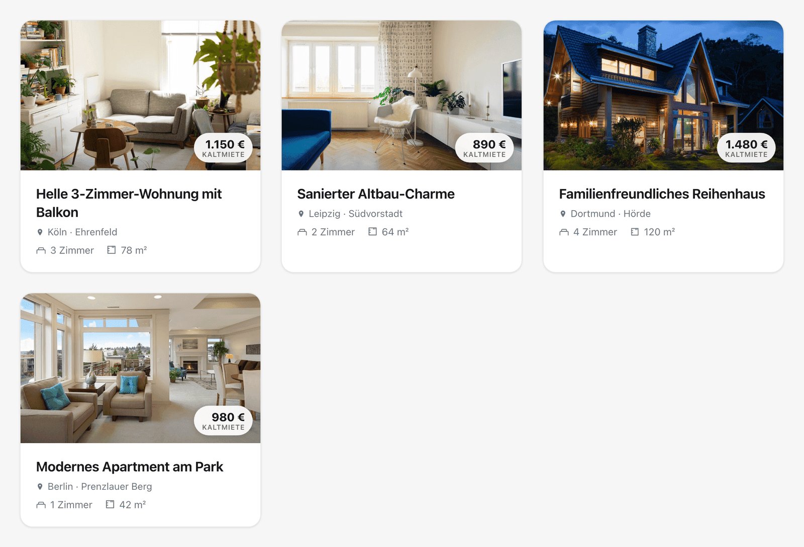 WOHNO-Plugin im Layout „Große Karten“: bildbetonte Immobilienkarten in zwei Spalten