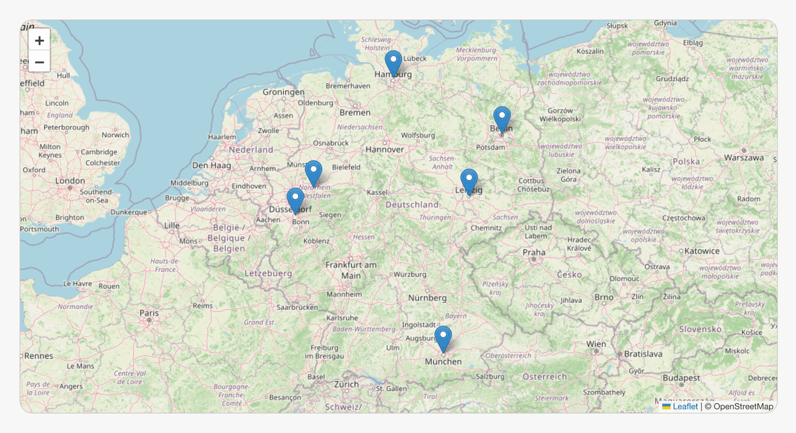 WOHNO-Plugin im Karten-Layout: interaktive Deutschlandkarte mit Markern für mehrere Inserate
