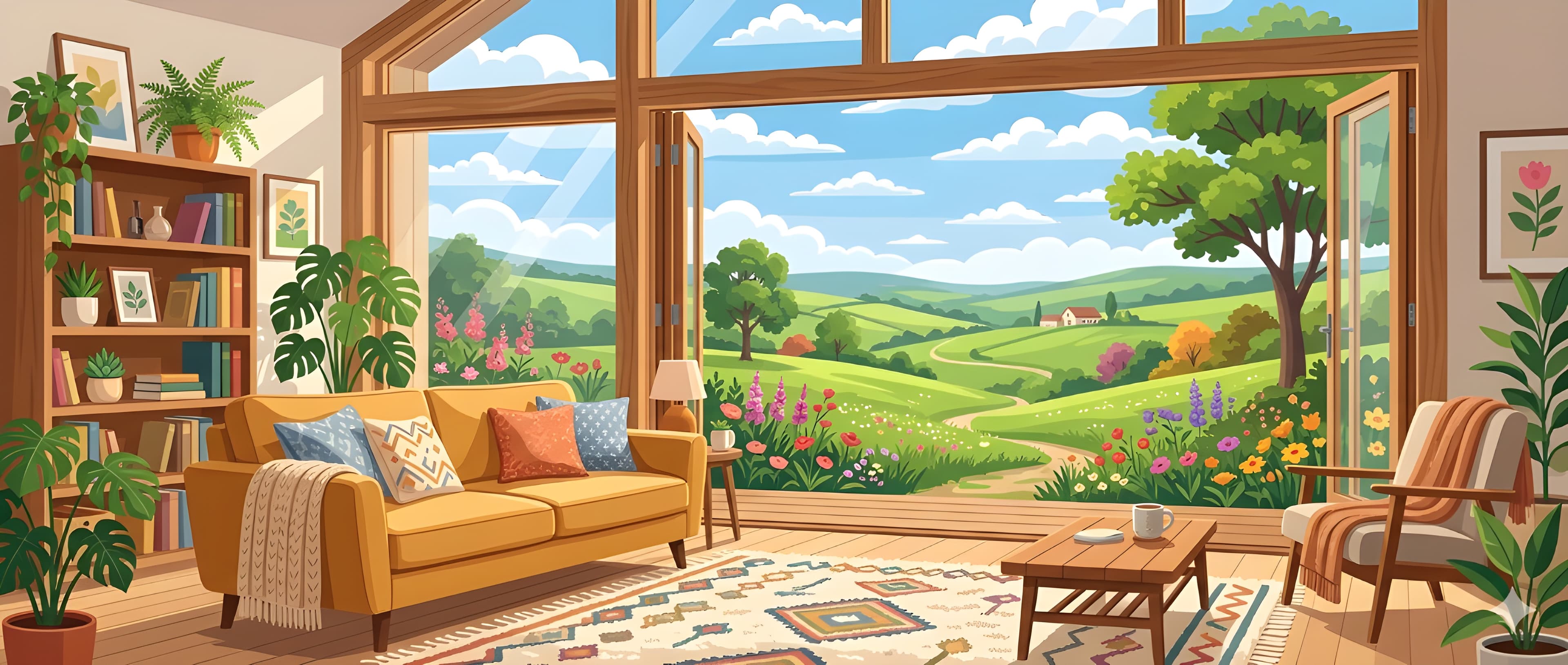 Illustration: helles Wohnzimmer mit offenen Türen und Blick in eine grüne Landschaft
